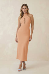 Halter Cut-Out Sheath Satin Midi Bridesmaid Dress in Golden Champagne