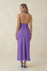Halter Cut-Out Sheath Satin Midi Bridesmaid Dress in Lilac