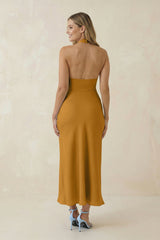 Halter Cut-Out Sheath Satin Midi Bridesmaid Dress in Marigold