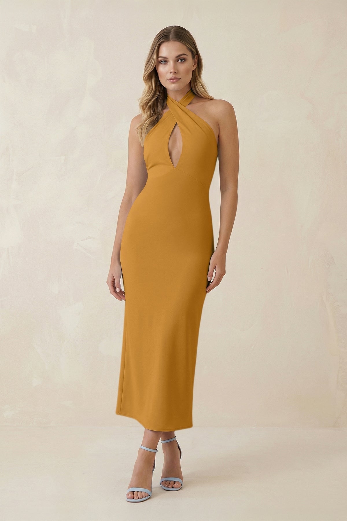 Halter Cut-Out Sheath Satin Midi Bridesmaid Dress in Marigold