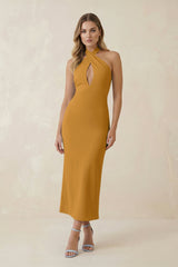 Halter Cut-Out Sheath Satin Midi Bridesmaid Dress in Marigold