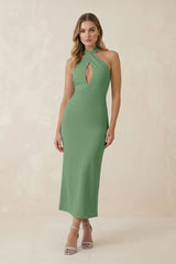 Halter Cut-Out Sheath Satin Midi Bridesmaid Dress in Matcha