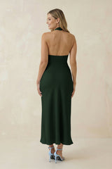 Halter Cut-Out Sheath Satin Midi Bridesmaid Dress in Moss