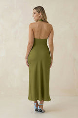 Halter Cut-Out Sheath Satin Midi Bridesmaid Dress in Moss Green