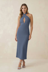 Halter Cut-Out Sheath Satin Midi Bridesmaid Dress in Neptune