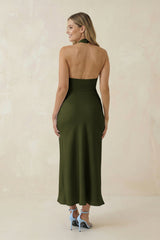 Halter Cut-Out Sheath Satin Midi Bridesmaid Dress in Olive