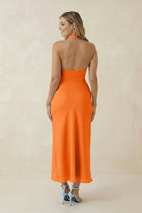 Halter Cut-Out Sheath Satin Midi Bridesmaid Dress in Orange