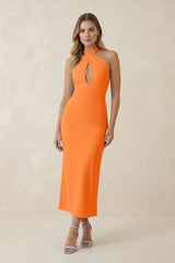 Halter Cut-Out Sheath Satin Midi Bridesmaid Dress in Orange