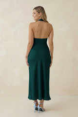 Halter Cut-Out Sheath Satin Midi Bridesmaid Dress in Pine