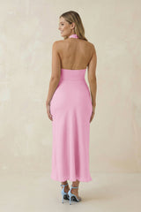 Halter Cut-Out Sheath Satin Midi Bridesmaid Dress in Pink