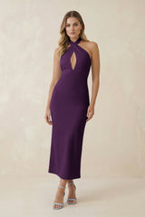 Halter Cut-Out Sheath Satin Midi Bridesmaid Dress in Plum
