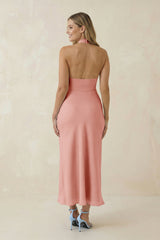 Halter Cut-Out Sheath Satin Midi Bridesmaid Dress in Rose Petal