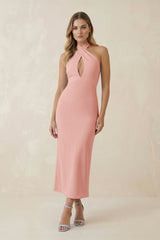 Halter Cut-Out Sheath Satin Midi Bridesmaid Dress in Rose Petal