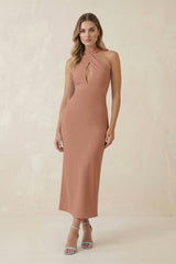 Halter Cut-Out Sheath Satin Midi Bridesmaid Dress in Rosette