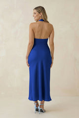 Halter Cut-Out Sheath Satin Midi Bridesmaid Dress in Royal Blue