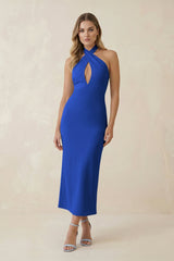 Halter Cut-Out Sheath Satin Midi Bridesmaid Dress in Royal Blue