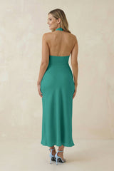Halter Cut-Out Sheath Satin Midi Bridesmaid Dress in Sea Glass