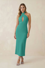 Halter Cut-Out Sheath Satin Midi Bridesmaid Dress in Sea Glass