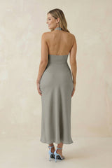 Halter Cut-Out Sheath Satin Midi Bridesmaid Dress in Silver
