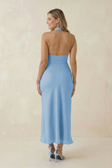 Halter Cut-Out Sheath Satin Midi Bridesmaid Dress in Sky Blue