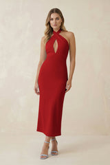 Halter Cut-Out Sheath Satin Midi Bridesmaid Dress in Spice