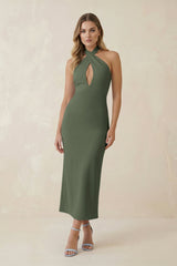 Halter Cut-Out Sheath Satin Midi Bridesmaid Dress in Thyme