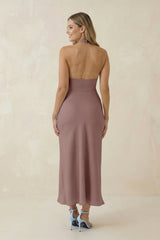 Halter Cut-Out Sheath Satin Midi Bridesmaid Dress in Toffee