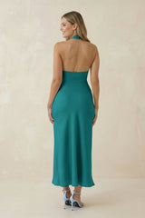 Halter Cut-Out Sheath Satin Midi Bridesmaid Dress in Turquoise