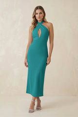 Halter Cut-Out Sheath Satin Midi Bridesmaid Dress in Turquoise