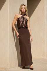 Halter Draped Maxi Dress in Brown