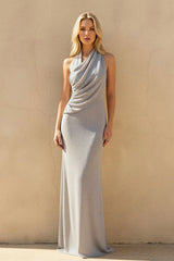 Halter Draped Maxi Dress in Silver
