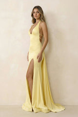 Halter Mermaid Open Back Maxi Dress With Slit in Yellow