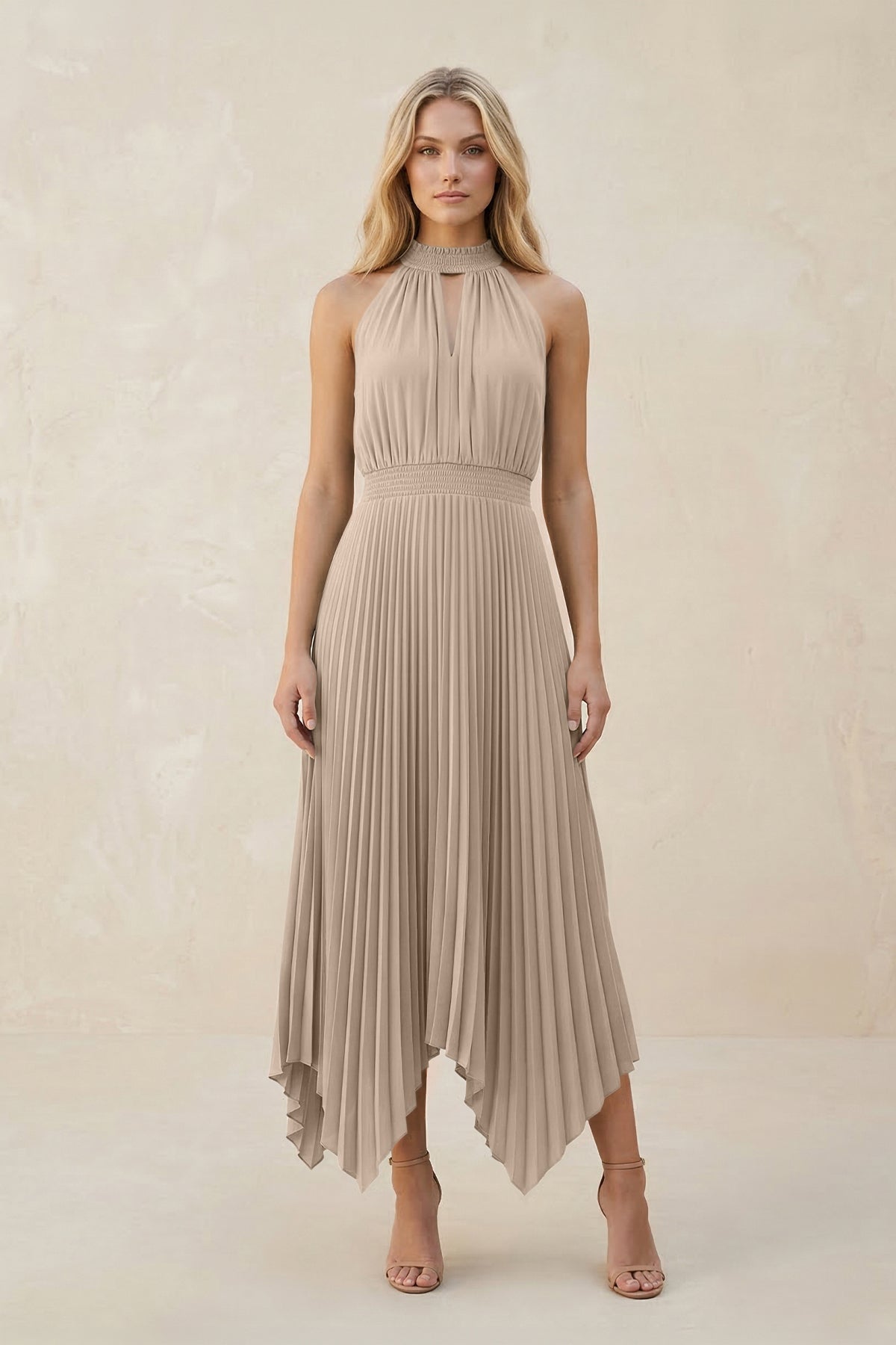 Halter Neck Pleated A-Line Chiffon Bridesmaid Dress in Almond