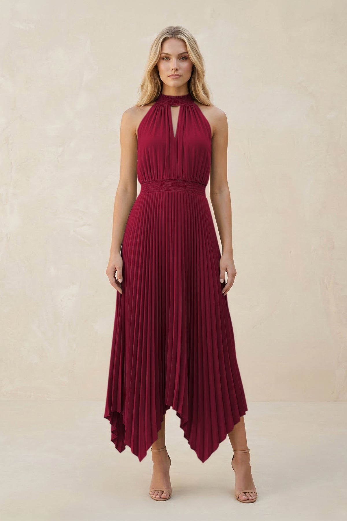 Halter Neck Pleated A-Line Chiffon Bridesmaid Dress in Berry