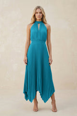 Halter Neck Pleated A-Line Chiffon Bridesmaid Dress in Blue Jay