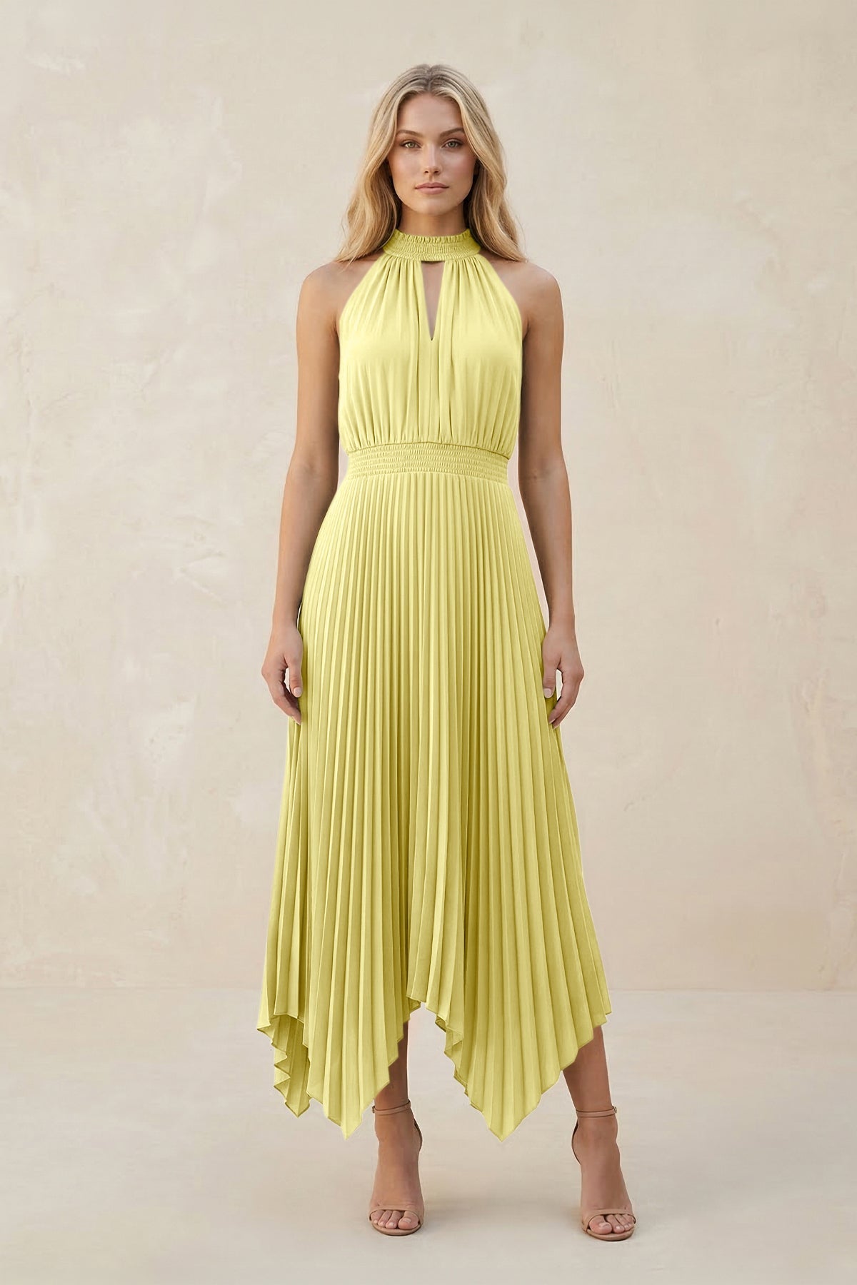Halter Neck Pleated A-Line Chiffon Bridesmaid Dress in Buttercup