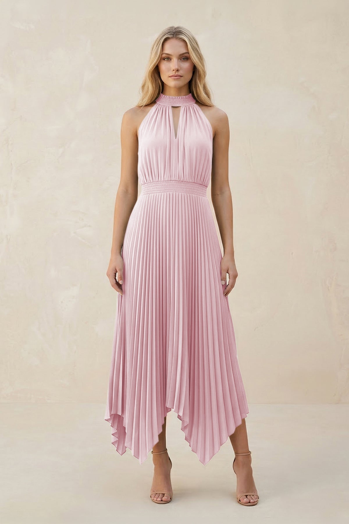 Halter Neck Pleated A-Line Chiffon Bridesmaid Dress in Candy Pink