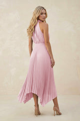 Halter Neck Pleated A-Line Chiffon Bridesmaid Dress in Candy Pink