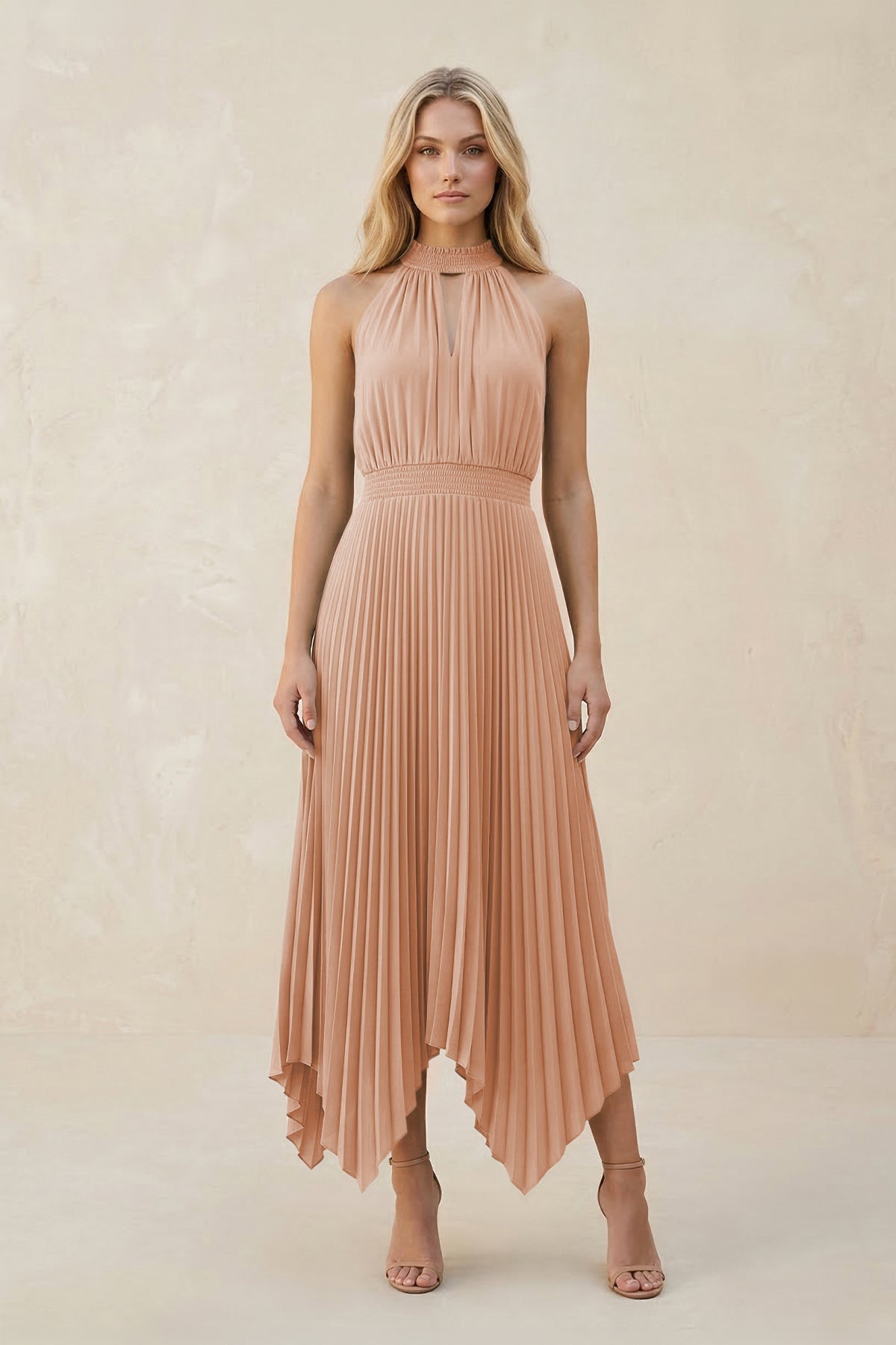 Halter Neck Pleated A-Line Chiffon Bridesmaid Dress in Champagne Rose