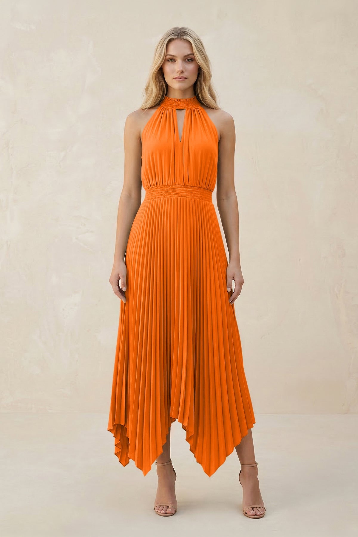 Halter Neck Pleated A-Line Chiffon Bridesmaid Dress in Cinnamon