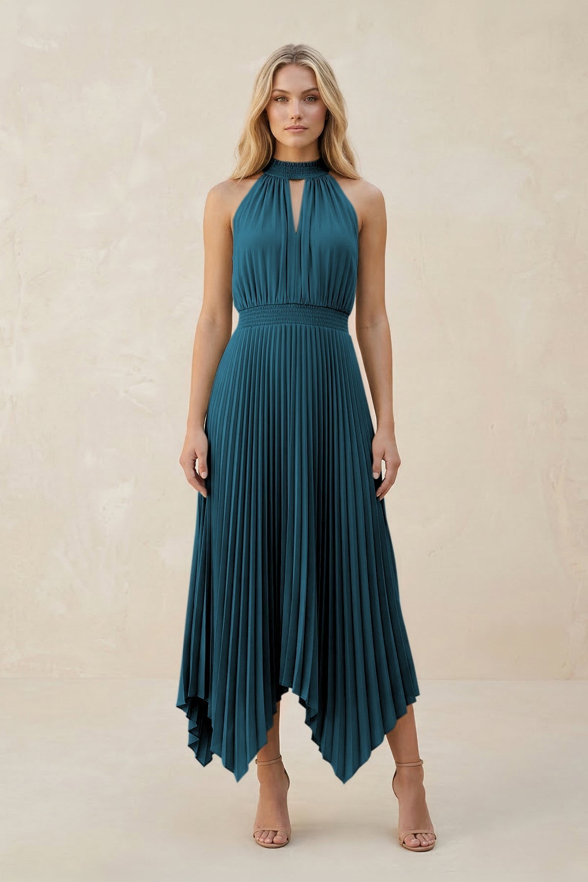 Halter Neck Pleated A-Line Chiffon Bridesmaid Dress in Dark Teal