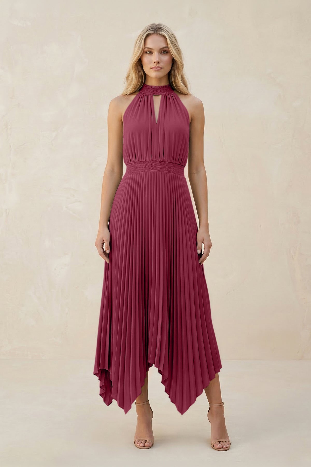 Halter Neck Pleated A-Line Chiffon Bridesmaid Dress in Desert Rose
