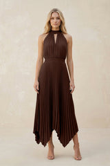 Halter Neck Pleated A-Line Chiffon Bridesmaid Dress in Espresso