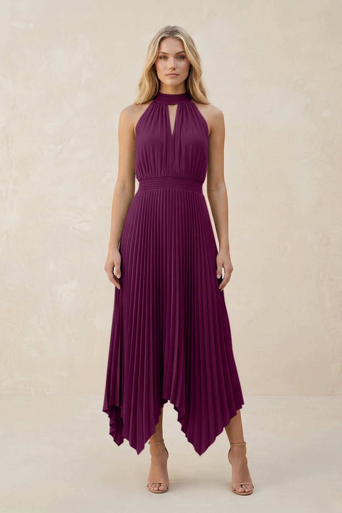 Halter Neck Pleated A-Line Chiffon Bridesmaid Dress in Fig