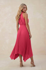 Halter Neck Pleated A-Line Chiffon Bridesmaid Dress in Fuchsia