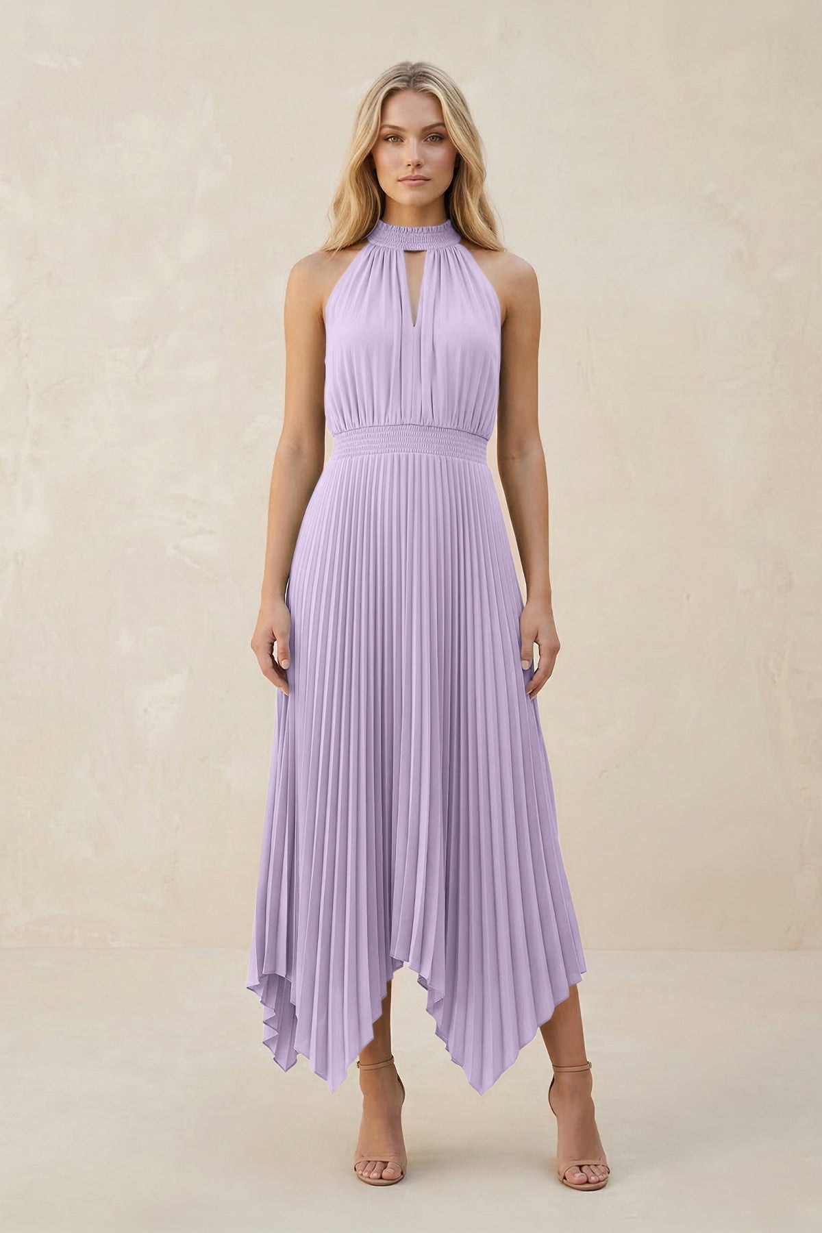 Halter Neck Pleated A-Line Chiffon Bridesmaid Dress in Lavender