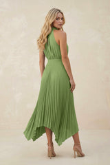 Halter Neck Pleated A-Line Chiffon Bridesmaid Dress in Matcha