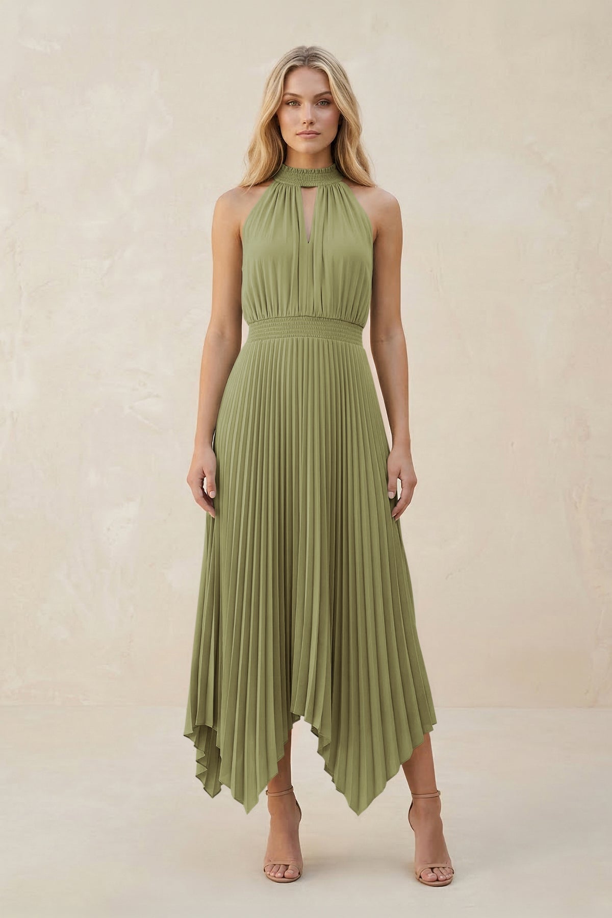 Halter Neck Pleated A-Line Chiffon Bridesmaid Dress in Moss Green