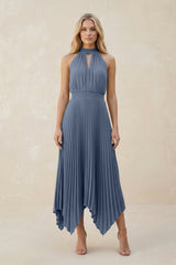 Halter Neck Pleated A-Line Chiffon Bridesmaid Dress in Neptune