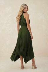 Halter Neck Pleated A-Line Chiffon Bridesmaid Dress in Olive